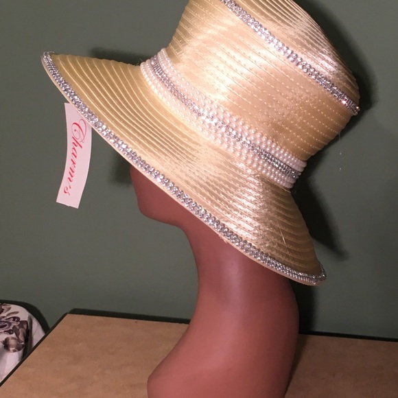 New Charm NY Yellow Hat w Pearls Rhinestones - Picture 4 of 4